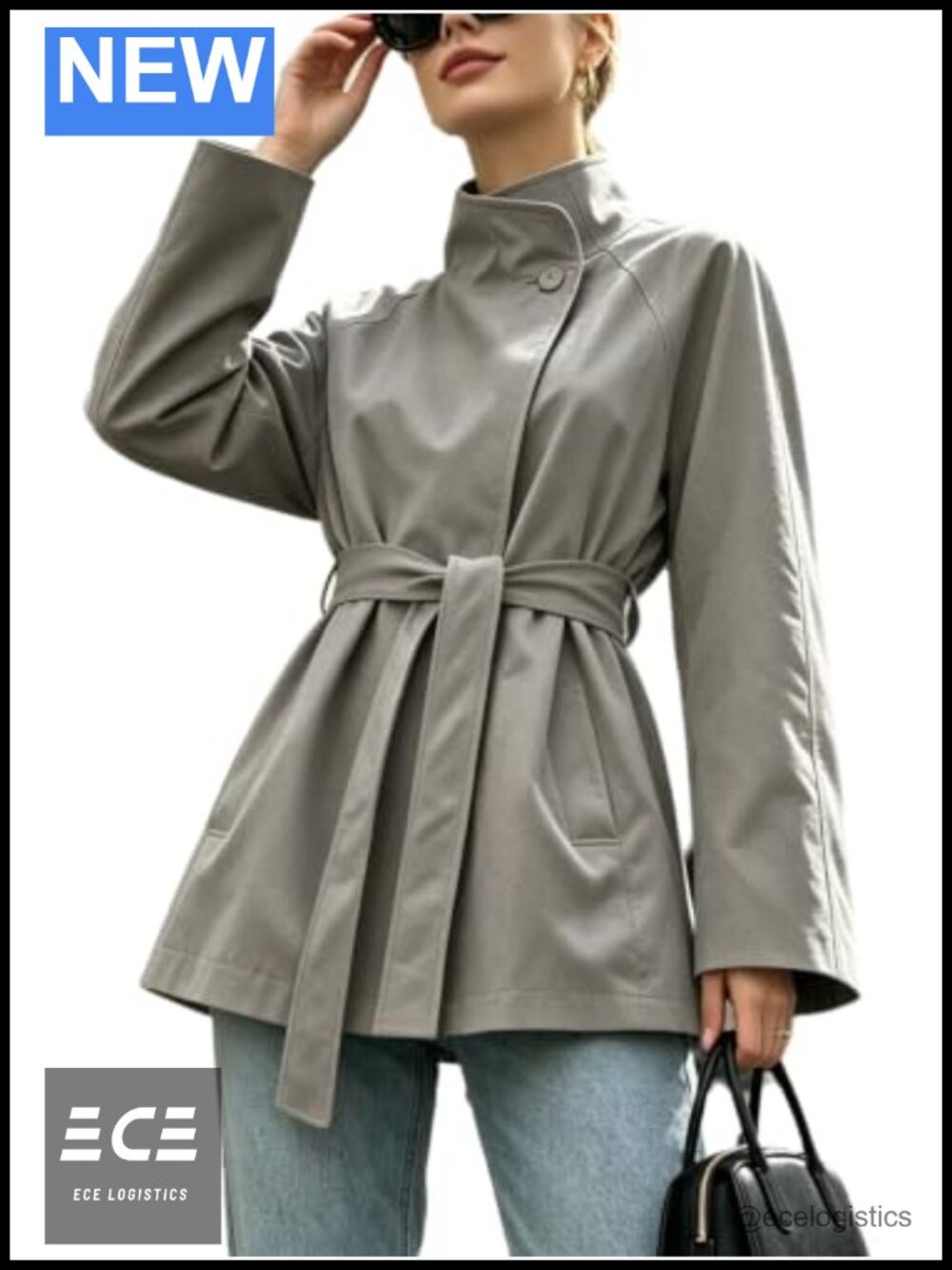 Women's Open Front Belted Trench Coat Stand Collar Windproof Long Sleeve